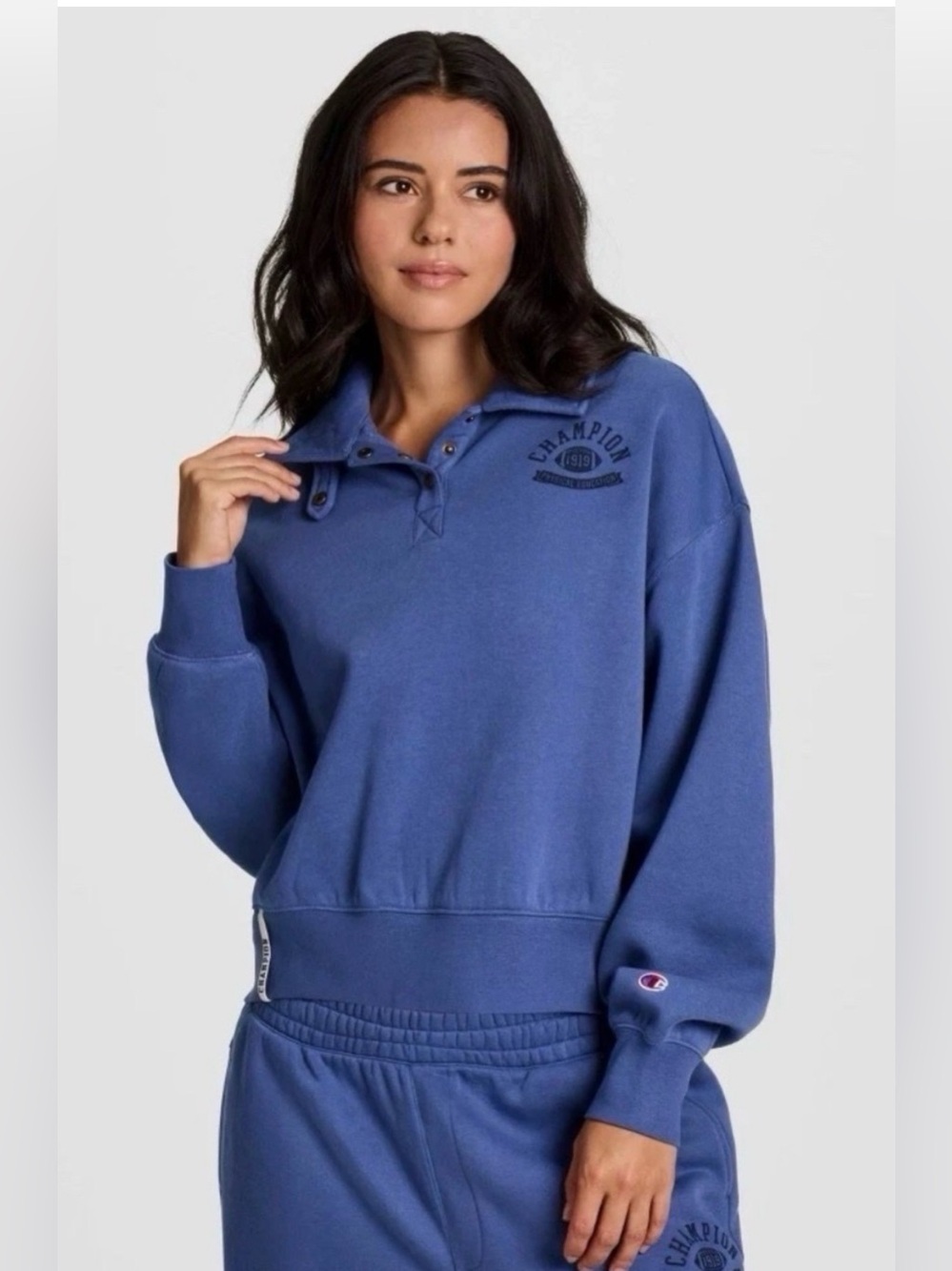 Women’s Champion Blue Cropped Henley Pullover Sporty Chic Preppy Y2K Streetwear